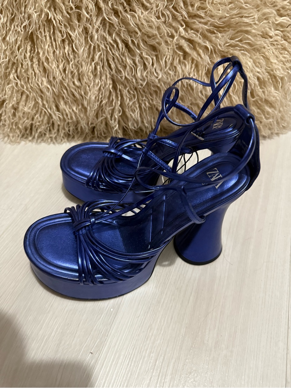 Zara Blue Metallic Platform Lace-Up Heels